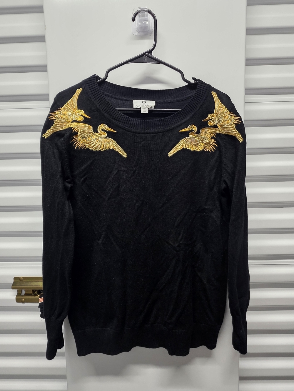 Altuzarra Black Crewneck Sweater Gold Bird Embroidery Retro Luxury Boho Cozy